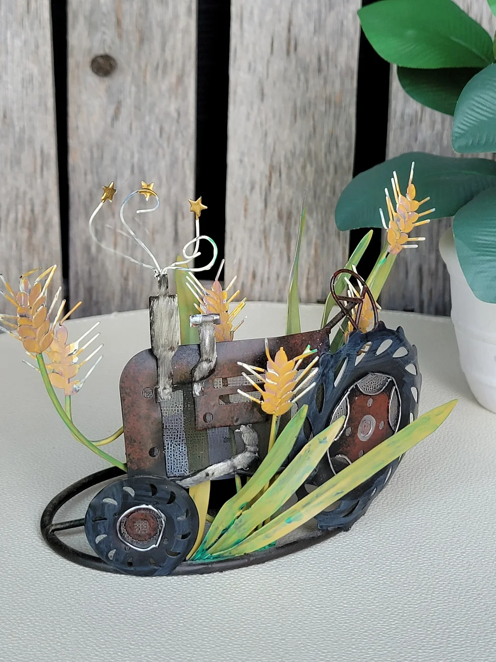 Rustic Metal Tractor Sculpture with Yellow Wheat Accents- Votive
